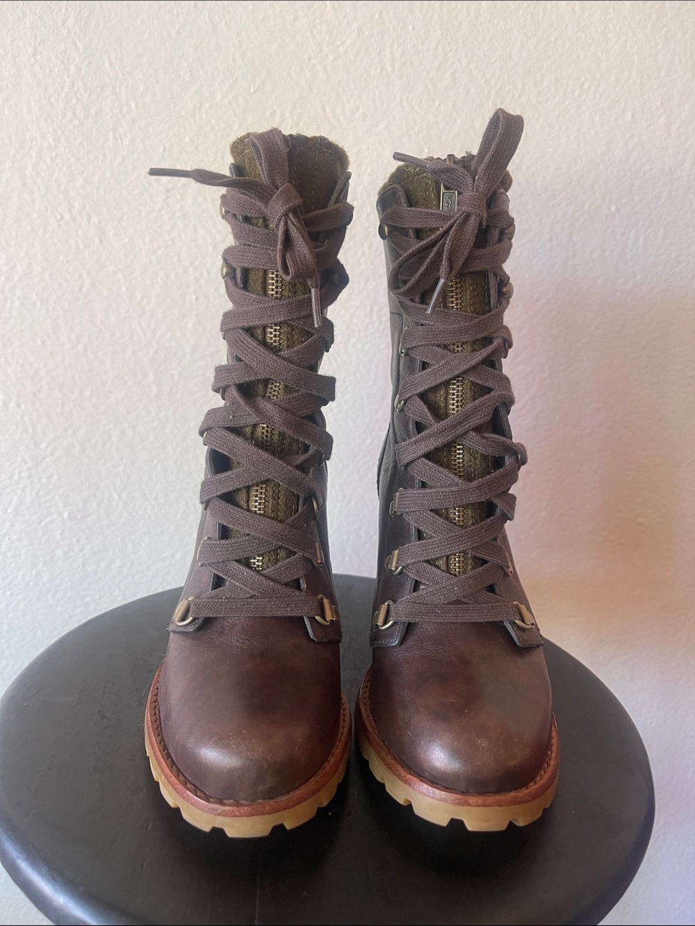 UGG Women's Brown Lace-Up and zipper Combat Boots with Tan Sole